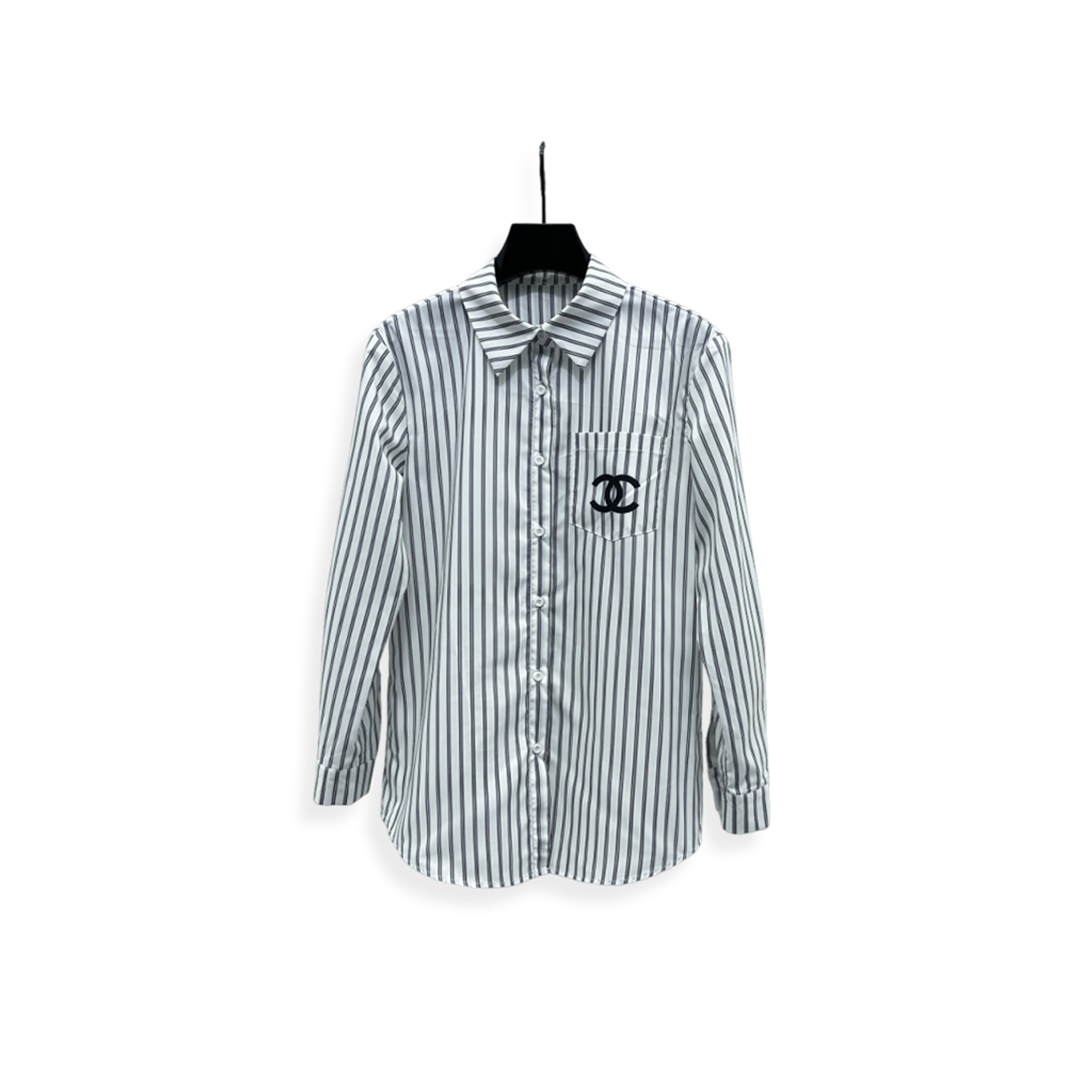 CHANEL STRIPED EMBROIDERED LOGO BLOUSE SHIRT 